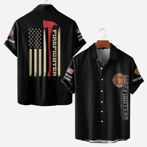 Custom Name Fire Department Thin Red Line Firefighter #DQH0014 - AOP Short Sleeve Button Shirt