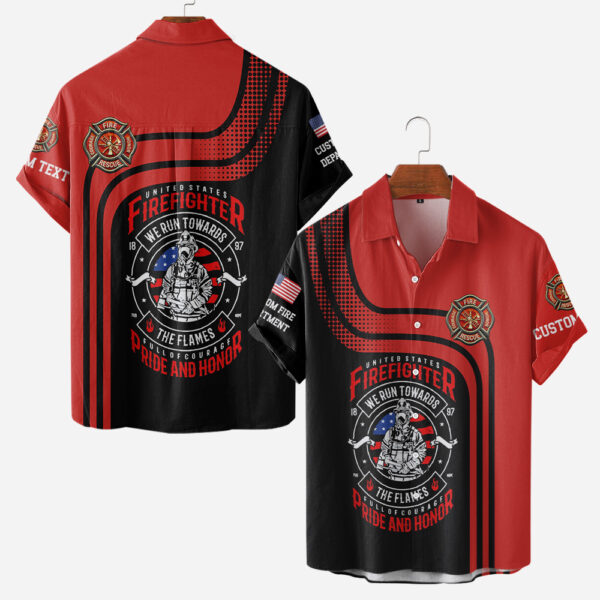 Custom Name & Department United States Firefighter We Run Towards The Flames #DQH0017- AOP Short Sleeve Button Shirt