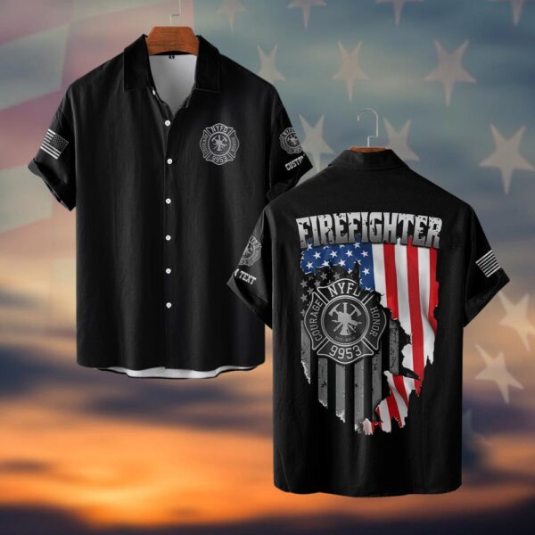 Custom Text & Fire Department Station Number Firefighter #DQH0021 - Short Sleeve Button Shirt