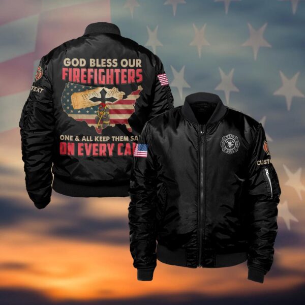 Custom Text & Fire Department Station Number God Bless Our Firefighters #DQH0033 - Bomber Jacket