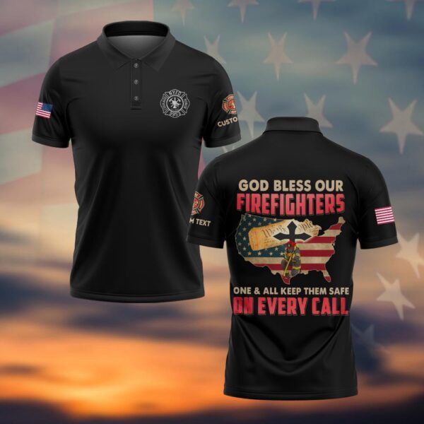 Custom Text & Fire Department Station Number God Bless Our Firefighters #DQH0033 - Polo