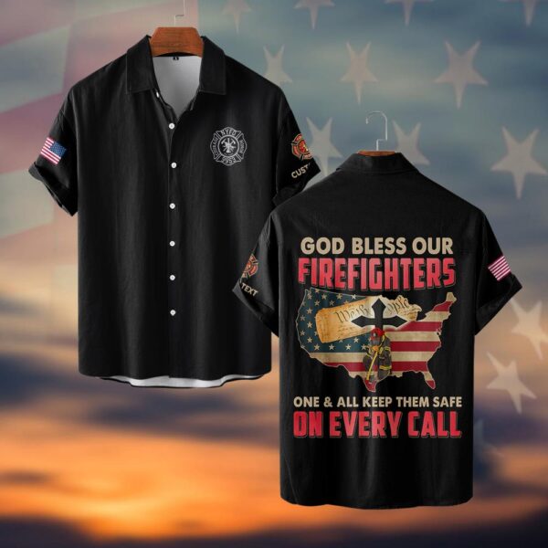 Custom Text & Fire Department Station Number God Bless Our Firefighters #DQH0033 - Short Sleeve Button Shirt