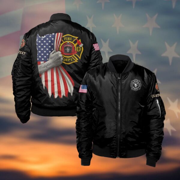 Custom Text & Fire Department Station Number Proud Firefighter #DQH0035 - Bomber Jacket