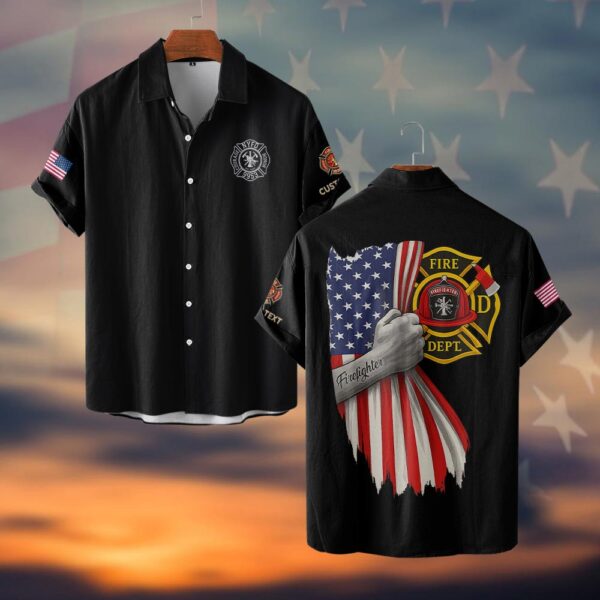 Custom Text & Fire Department Station Number Proud Firefighter #DQH0035 - Short Sleeve Button Shirt