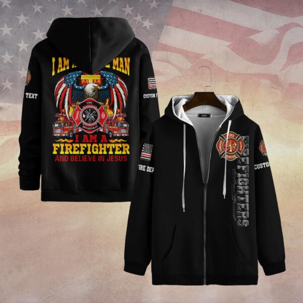 Custom Dept & Text Simple Man – Firefighter Who Believes in Jesus #DQH0083 - Zip Hoodie