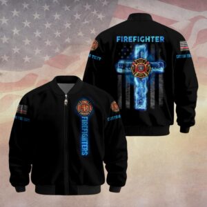 Custom Dept & Text Firefighter’s Faith – Blue Flame Cross Edition #DQH0084 - Bomber Jacket