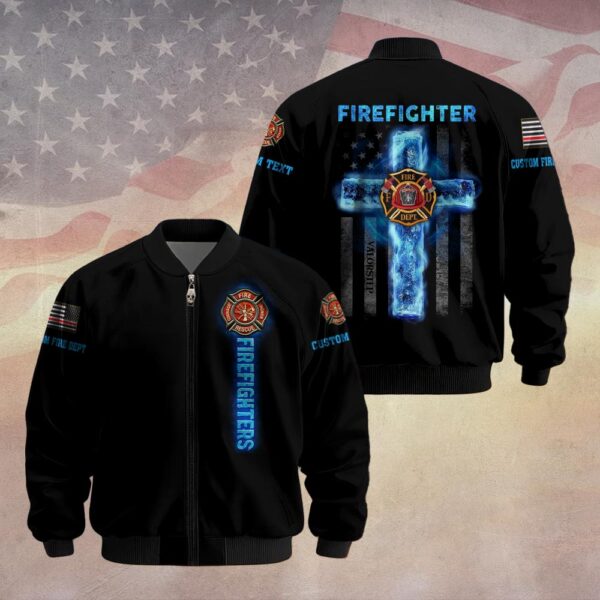 Custom Dept & Text Firefighter’s Faith – Blue Flame Cross Edition #DQH0084 - Bomber Jacket