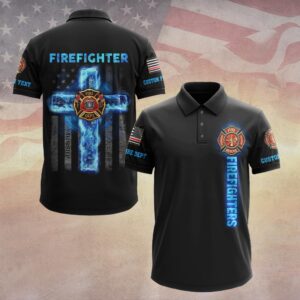 Custom Dept & Text Firefighter’s Faith – Blue Flame Cross Edition #DQH0084 - Polo