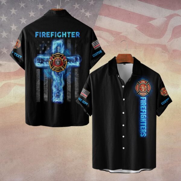 Custom Dept & Text Firefighter’s Faith – Blue Flame Cross Edition #DQH0084 - Short Sleeve Button Shirt