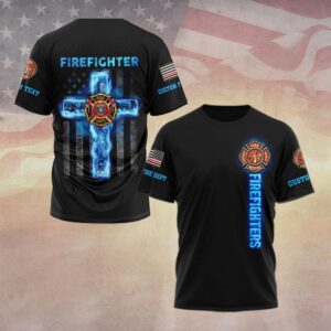 Custom Dept & Text Firefighter’s Faith – Blue Flame Cross Edition #DQH0084 - T-shirt