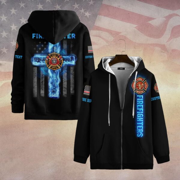 Custom Dept & Text Firefighter’s Faith – Blue Flame Cross Edition #DQH0084 - Zip Hoodie