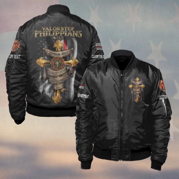 Custom Dept & Name Faith and Valor Firefighter Cross #DQH0120 - Bomber Jacket