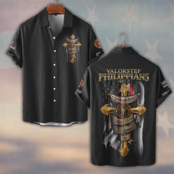 Custom Dept & Name Faith and Valor Firefighter Cross #DQH0120 - Short Sleeve Button Shirt
