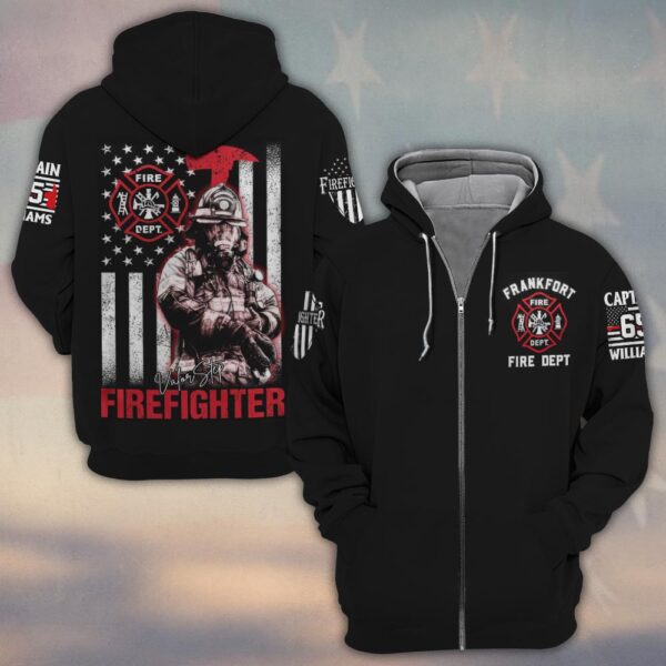 Custom Dept, Rank, Number & Name Firefighter Thin Red Line #DQH0125 - Zip Hoodie