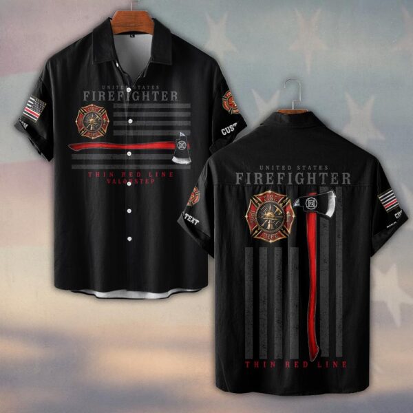 Custom Dept & Text United States Firefighter Thin Red Line #DQH0168 - Short Sleeve Button Shirt