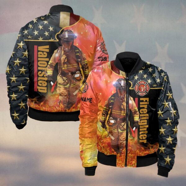 Custom Name Stars & Flames Hero Firefighter #DQH0133 - Bomber Jacket