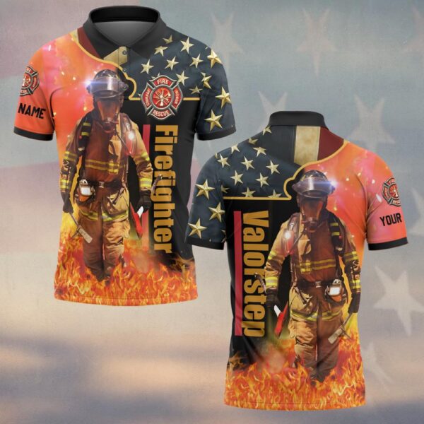 Custom Name Stars & Flames Hero Firefighter #DQH0133 - Polo