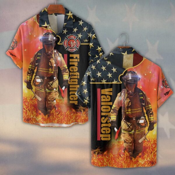 Custom Name Stars & Flames Hero Firefighter #DQH0133 - Short Sleeve Button Shirt
