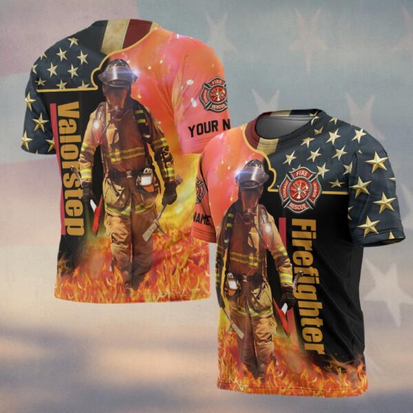 Custom Name Stars & Flames Hero Firefighter #DQH0133 - T-shirt