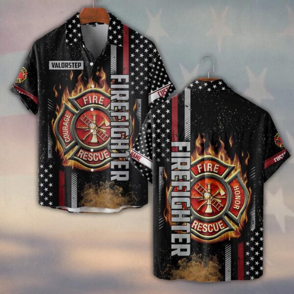 Custom Name Blazing Maltese Cross Firefighter #DQH0135 - Short Sleeve Button Shirt