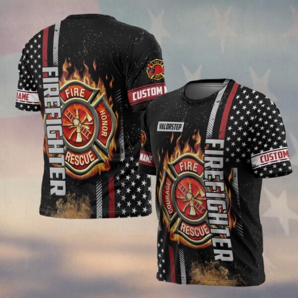 Custom Name Blazing Maltese Cross Firefighter #DQH0135 - T-shirt