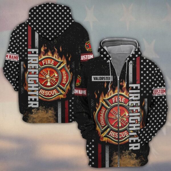 Custom Name Blazing Maltese Cross Firefighter #DQH0135 - Zip Hoodie