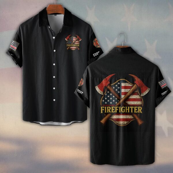 Custom Text & Dept Crossed Axes American Firefighter #DQH0173 - Short Sleeve Button Shirt