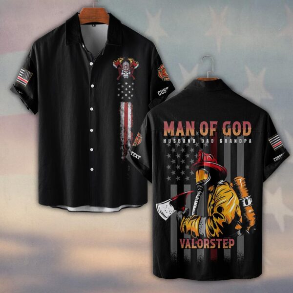 Custom Text & Dept Man Of God Firefighter #DQH0174 - Short Sleeve Button Shirt