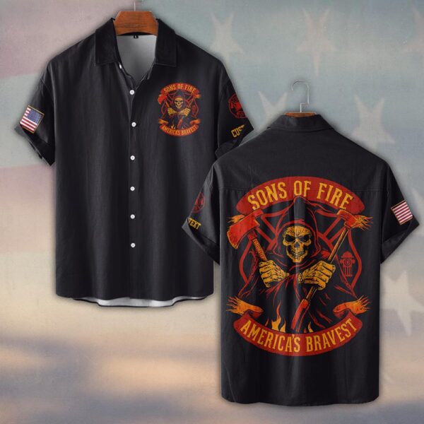 Custom Text Sons Of Fire America Bravest #DQH0177 - Short Sleeve Button Shirt