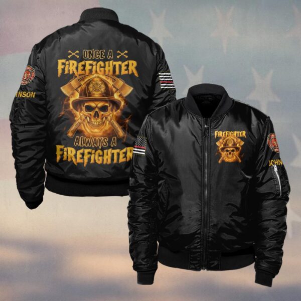 Custom Name & Dept Once Always a Firefighter Skull of Fire #DQH0195 - Bomber Jacket