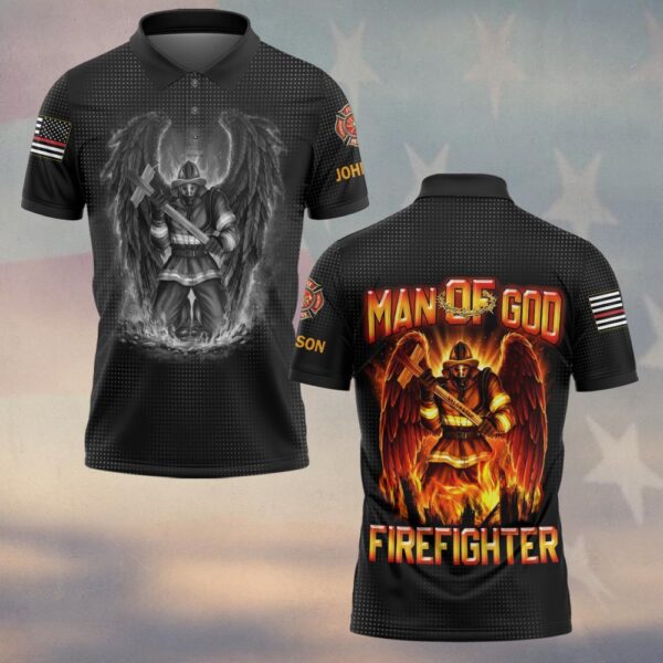 Custom Name Angel of the Flames Man of God Firefighter #DQH0200 - Polo