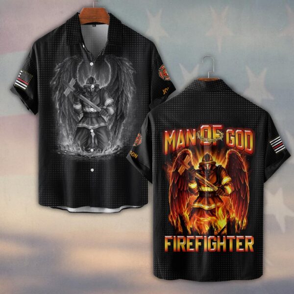 Custom Name Angel of the Flames Man of God Firefighter #DQH0200 - Short Sleeve Button Shirt