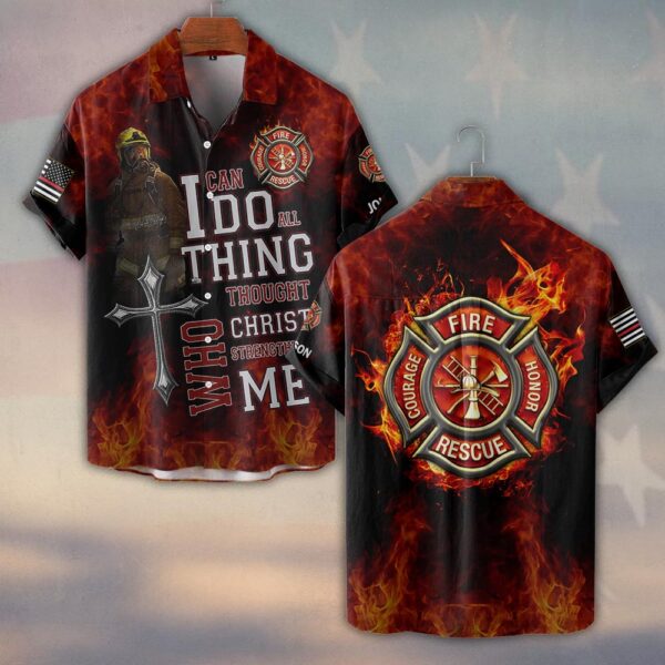 Custom Name I Can Do All Things Through Christ Firefighter #DQH0201 - Short Sleeve Button Shirt