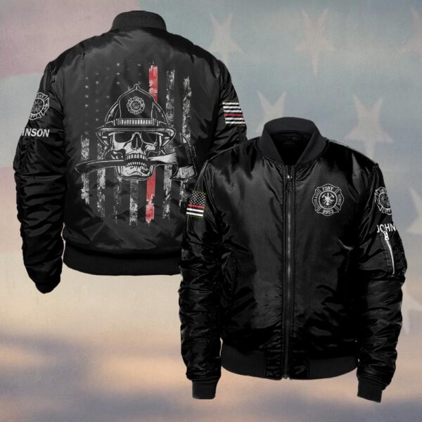 Custom Name Skull & Axe Thin Red Line Firefighter #DQH0209 - Bomber Jacket