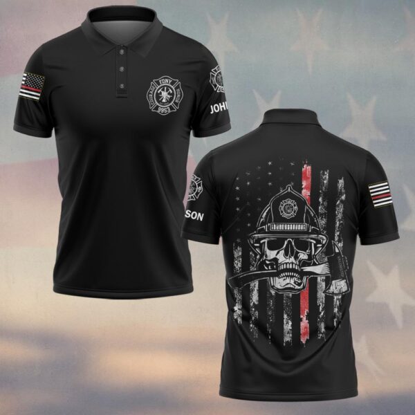 Custom Name Skull & Axe Thin Red Line Firefighter #DQH0209 - Polo