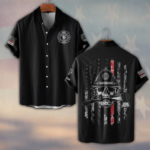 Custom Name Skull & Axe Thin Red Line Firefighter #DQH0209 - Short Sleeve Button Shirt