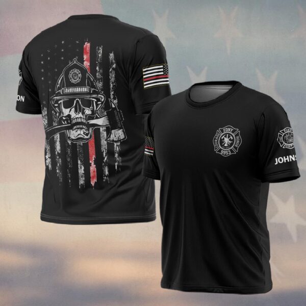 Custom Name Skull & Axe Thin Red Line Firefighter #DQH0209 - T-shirt