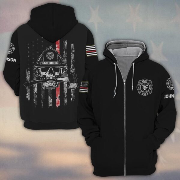 Custom Name Skull & Axe Thin Red Line Firefighter #DQH0209 - Zip Hoodie