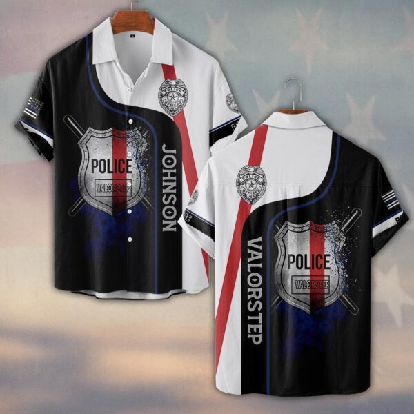 Custom Text Police Shield - Valor Line Edition #DQH0214 - Short Sleeve Button Shirt