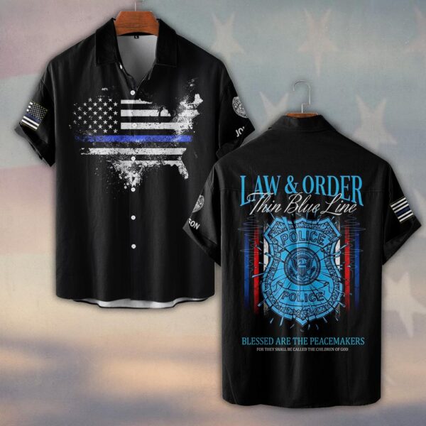 Custom Text Law and Order Thin Blue Line Police Edition #DQH0218 - Short Sleeve Button Shirt