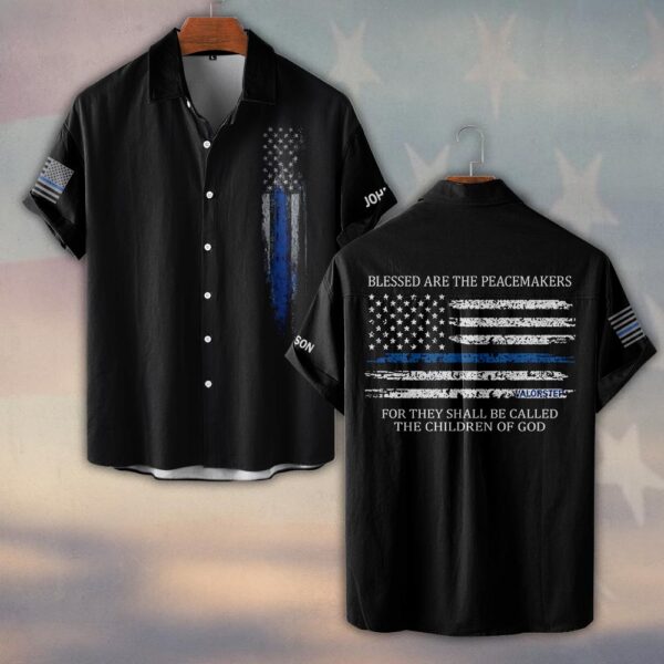 Custom Text Blue Line Spartan Police #DQH0223 - Short Sleeve Button Shirt