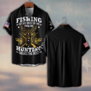 Custom Text Fishing & Hunting Solves It All #DQH0226 - Short Sleeve Button Shirt