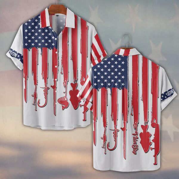 Custom Text Patriotic Angler 3D Fishing #DQH0230 - Short Sleeve Button Shirt