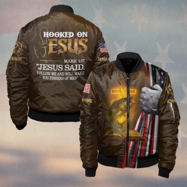Custom Team & Text Hooked on Jesus – Christian Fishing #DQH0231 - Bomber Jacket