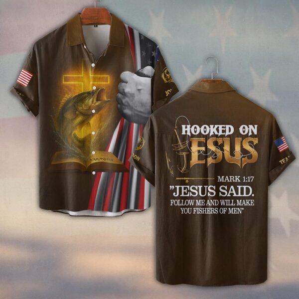 Custom Team & Text Hooked on Jesus – Christian Fishing #DQH0231 - Short Sleeve Button Shirt