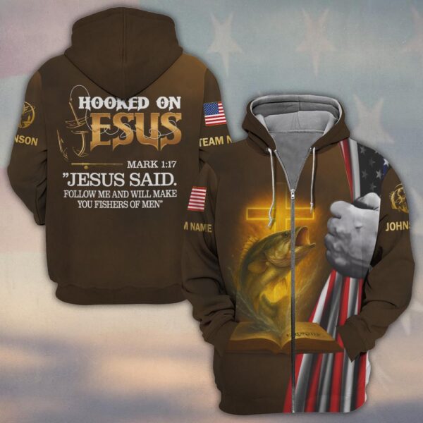 Custom Team & Text Hooked on Jesus – Christian Fishing #DQH0231 - Zip Hoodie