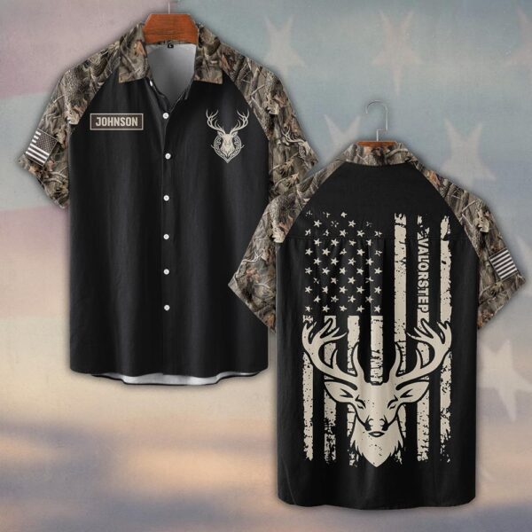 Custom Name Patriotic Deer Flag Camo #DQH0240 - Short Sleeve Button Shirt