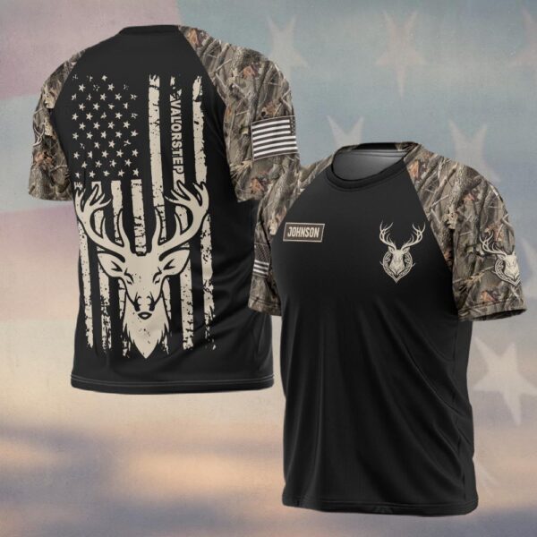 Custom Name Patriotic Deer Flag Camo #DQH0240 - T-shirt