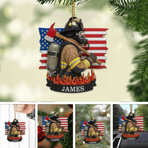 Personalized Firefighter Acrylic Ornament – Axe, Flag & Flame Edition