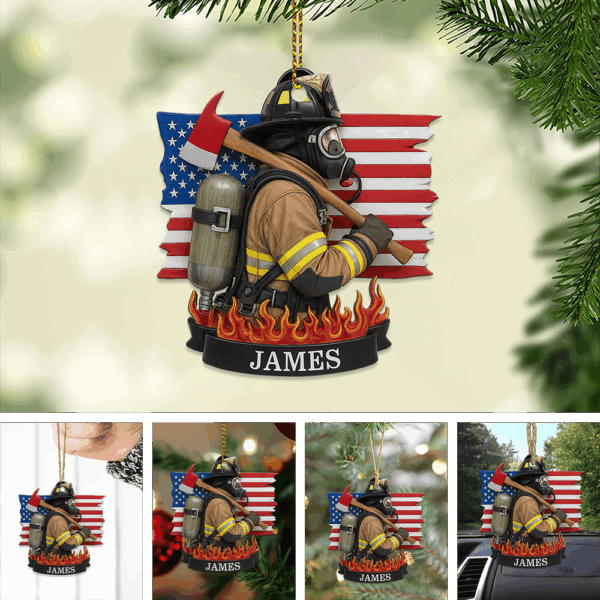 Personalized Firefighter Acrylic Ornament – Axe, Flag & Flame Edition
